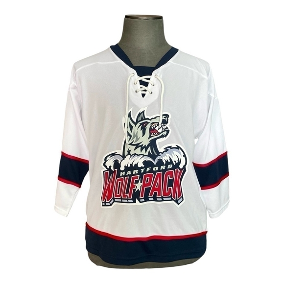 Hartford Wolf Pack Logo AHL Jersey White Blue Red Knot Tie Front Mesh Shirt Top - Picture 1 of 5